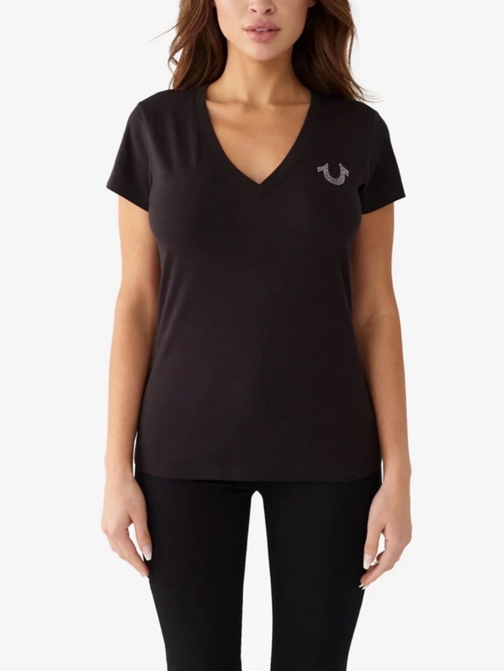 True Religion Crystal Horseshoe Logo V Neck Black Tee 2XL.